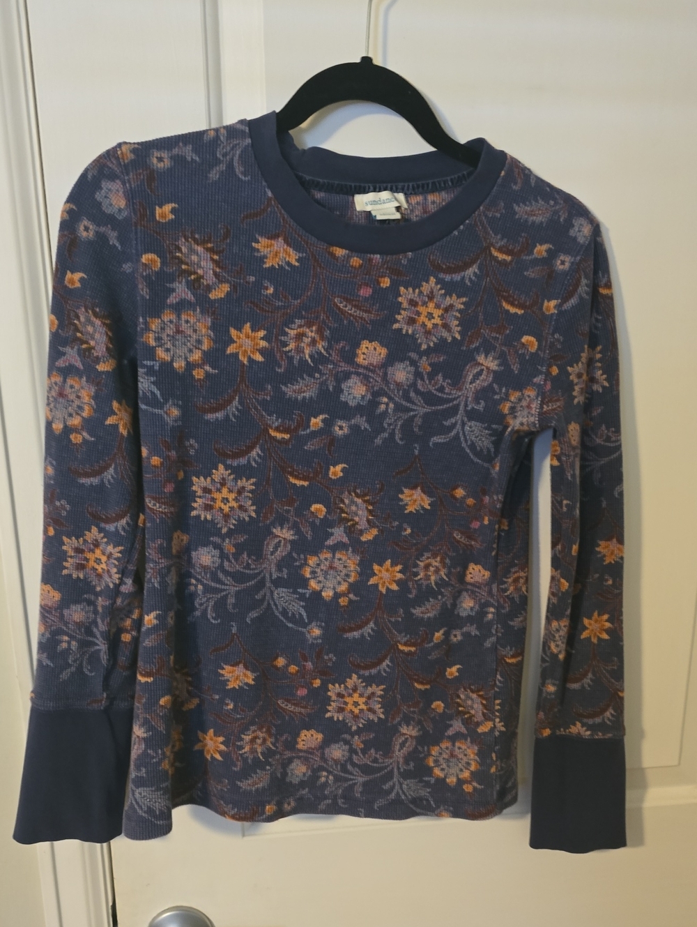 Sundance Navy Waffle-Knit Floral Long Sleeve Top